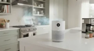 A sleek countertop air purifier actively filtering out cooking smoke and grease odors in a contemporary American kitchen.