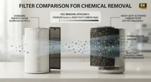 Comparison chart outlining standard particle filters versus heavy-duty carbon filters for removing toxic VOC off-gassing.