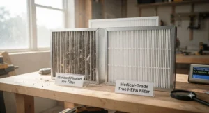 Close-up comparison showing standard pre-filters versus medical-grade HEPA filters for construction dust air purifiers.
