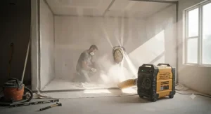 Sealed plastic dust containment barrier equipped with a high-powered air purifier for construction dust cleanup.