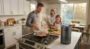 A family cooking a fresh salmon dinner in their home while an air purifier cleans the air of fish smells.