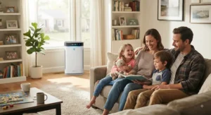 A smiling American family relaxing at home with a high-efficiency air purifier for viruses in the background.