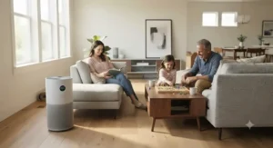 A family relaxing in a bright, modern living room protected by an advanced air purifier for new home VOCs and off-gassing.