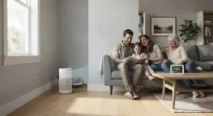 A happy family relaxing in a newly painted room while an air purifier cleans the air of lingering paint odors.