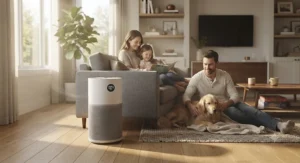 A family relaxing comfortably in a clean living room with an air purifier for dust running.