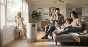 A family relaxing in a healthy home environment protected by an advanced air purifier for viruses.