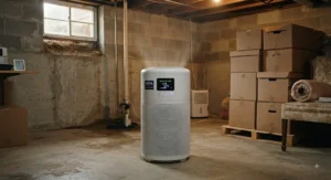 An efficient air purifier for musty smell operating in a damp basement to target mold spores and dampness odors.