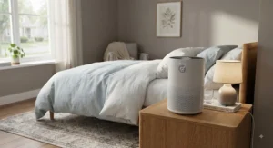 Compact HEPA air purifier for viruses operating quietly on a nightstand in a bedroom.