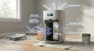 Diagram showing a True HEPA air purifier capturing paint fumes and microscopic dust particles during home renovation.