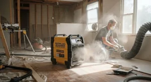 Industrial HEPA air scrubber efficiently capturing fine drywall dust during a home renovation project.