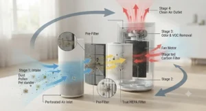 Diagram showing airflow stages of an air purifier for dust removing allergens from a room.