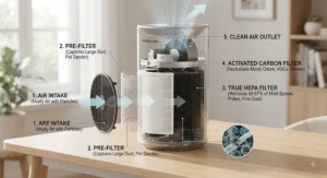 Diagram showing the filtration stages of an air purifier for musty smell, including pre-filter, HEPA filter, and activated carbon layer.