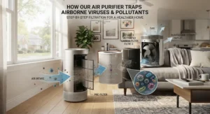 Infographic diagram illustrating how an air purifier for viruses traps airborne germs and pollutants.