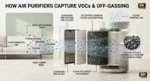 Infographic showing how activated carbon filters in an air purifier trap volatile organic compounds and off-gassing in a new home.