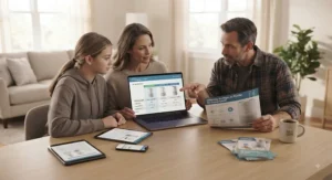 Family reviewing specifications to choose the right air purifier for sick room care at home.