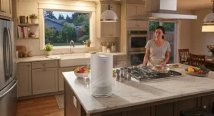 An air purifier running on a kitchen countertop effectively neutralizing smoke and lingering food smells after dinner.