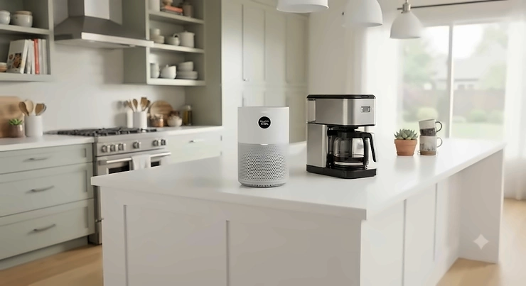 Compact kitchen air purifier countertop model placed neatly next to a coffee maker on a modern white kitchen island.