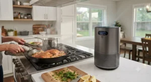 An air purifier with HEPA and carbon filters running during fish meal preparation to neutralize cooking smells.