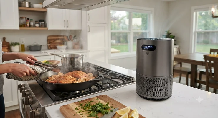 An air purifier with HEPA and carbon filters running during fish meal preparation to neutralize cooking smells. air purifier for fish smell cooking
