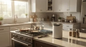 Compact air purifier for odors operating on a kitchen counter near the stove to eliminate cooking smells