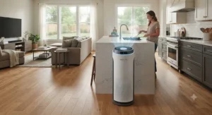 A powerful tower air purifier designed for large open-plan spaces positioned effectively near the kitchen.