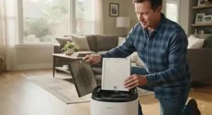 A homeowner replacing the filter in an air purifier for musty smell to maintain peak performance and odor removal.