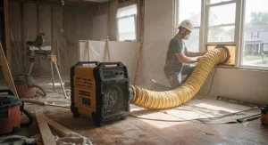 Negative air machine and purifier for construction dust venting air safely outdoors through flexible ducting.
