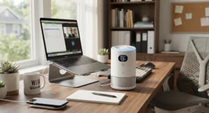 A small desktop air purifier for viruses sitting next to a laptop in a busy home office setup.
