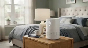 Compact portable air purifier for viruses placed on a nightstand inside a cozy master bedroom.