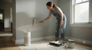 A compact portable air purifier set up next to a DIYer painting interior walls in a house.