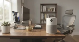A portable air purifier for dust placed on a desk in a suburban home office.
