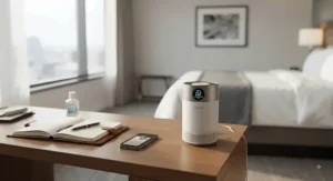 A portable mini air purifier for viruses set up on a hotel room desk for travel protection.