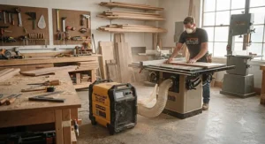 Portable air purifier for construction dust set up inside a woodworking workshop to trap sawdust.
