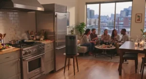 A quiet-running air purifier positioned in the corner of a kitchen to keep air fresh while hosting guests.