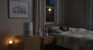 A quiet air purifier for sick room operating overnight in a child's bedroom to help with cold and flu symptoms.