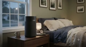 A quiet air purifier for VOCs running on a nightstand in a cozy American bedroom.