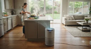 An air purifier running efficiently to clear frying smoke and cooking smells from an open-concept great room.