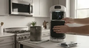 A dedicated activated carbon filter being replaced in a compact kitchen air purifier countertop model.