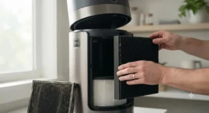 Hands replacing the heavy-duty carbon filter inside a high-performance air purifier for VOCs.
