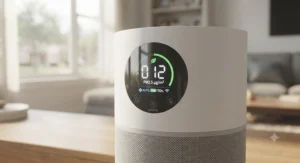 Digital control panel of a smart air purifier for dust showing indoor air quality levels.