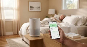 A smartphone displaying air quality metrics next to a smart air purifier for sick room monitoring.