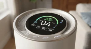 Close-up of a smart air purifier for viruses showing real-time air quality metrics on a digital display.