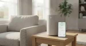 Smartphone displaying air quality metrics next to a smart air purifier for odors