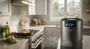A smart air purifier showing a high fan speed setting to quickly clear fish cooking smells from the kitchen.