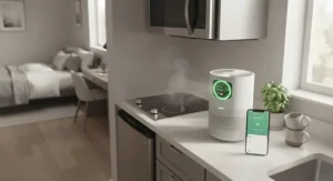 Modern kitchen air purifier countertop display showing green air quality indicators after removing cooking fumes.