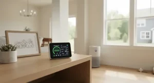 Digital indoor air quality monitor displaying VOC levels in a newly constructed American suburban home.