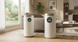 A modern digital air purifier for musty smell displaying air quality metrics in a well-lit American home interior.