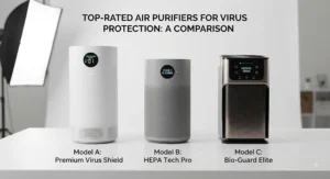Side-by-side comparison of top-rated models of air purifier for viruses on a clean white background.