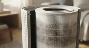 Close-up of a True HEPA filter inside an air purifier for dust capturing fine particles.