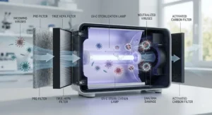 Internal view of a UV-C light air purifier neutralizing trapped airborne pathogens and viruses.
